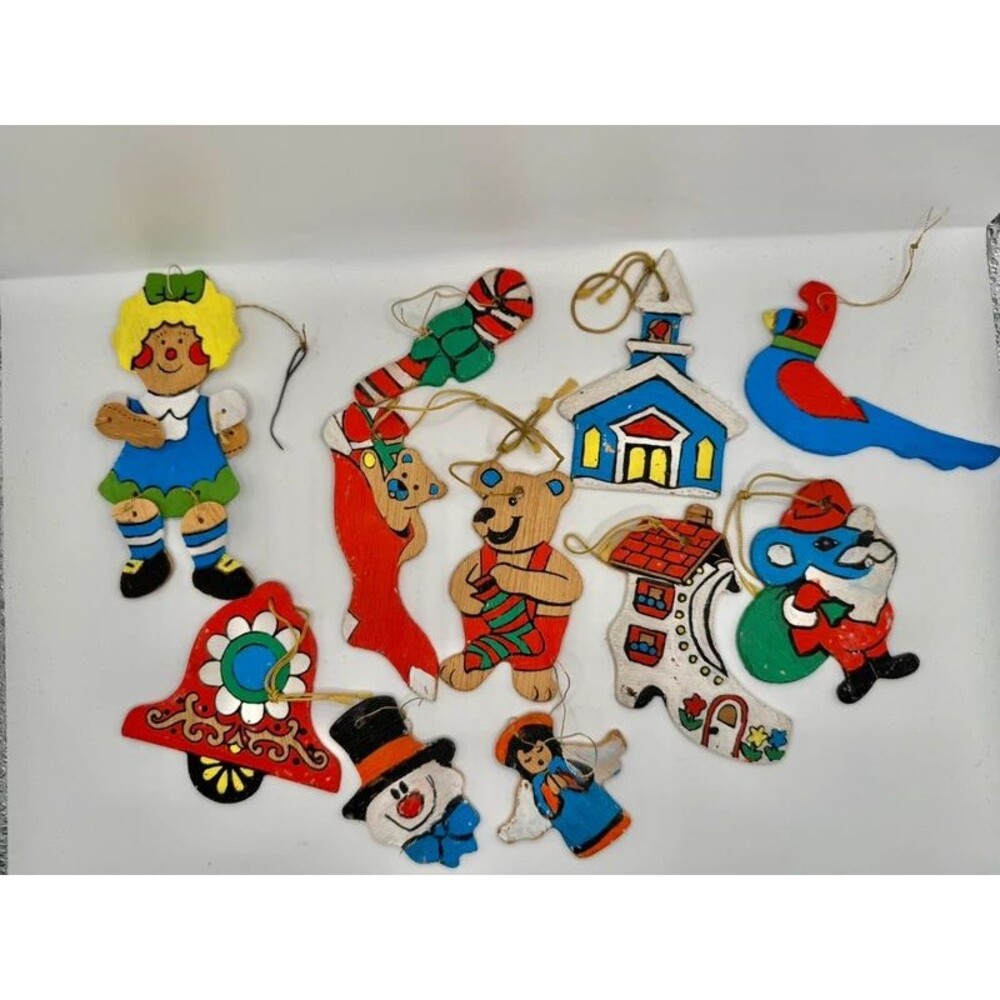 11 Vtg Flat Wood Hand Painted Double Sided Christmas Tree Ornaments Folk Art Lot